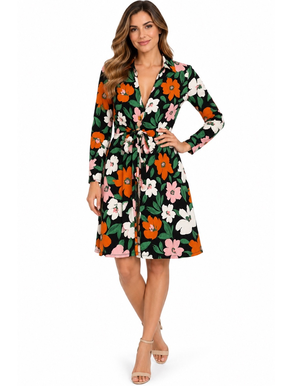 Donna Morgan Black Flora Long Sleeve Dress
